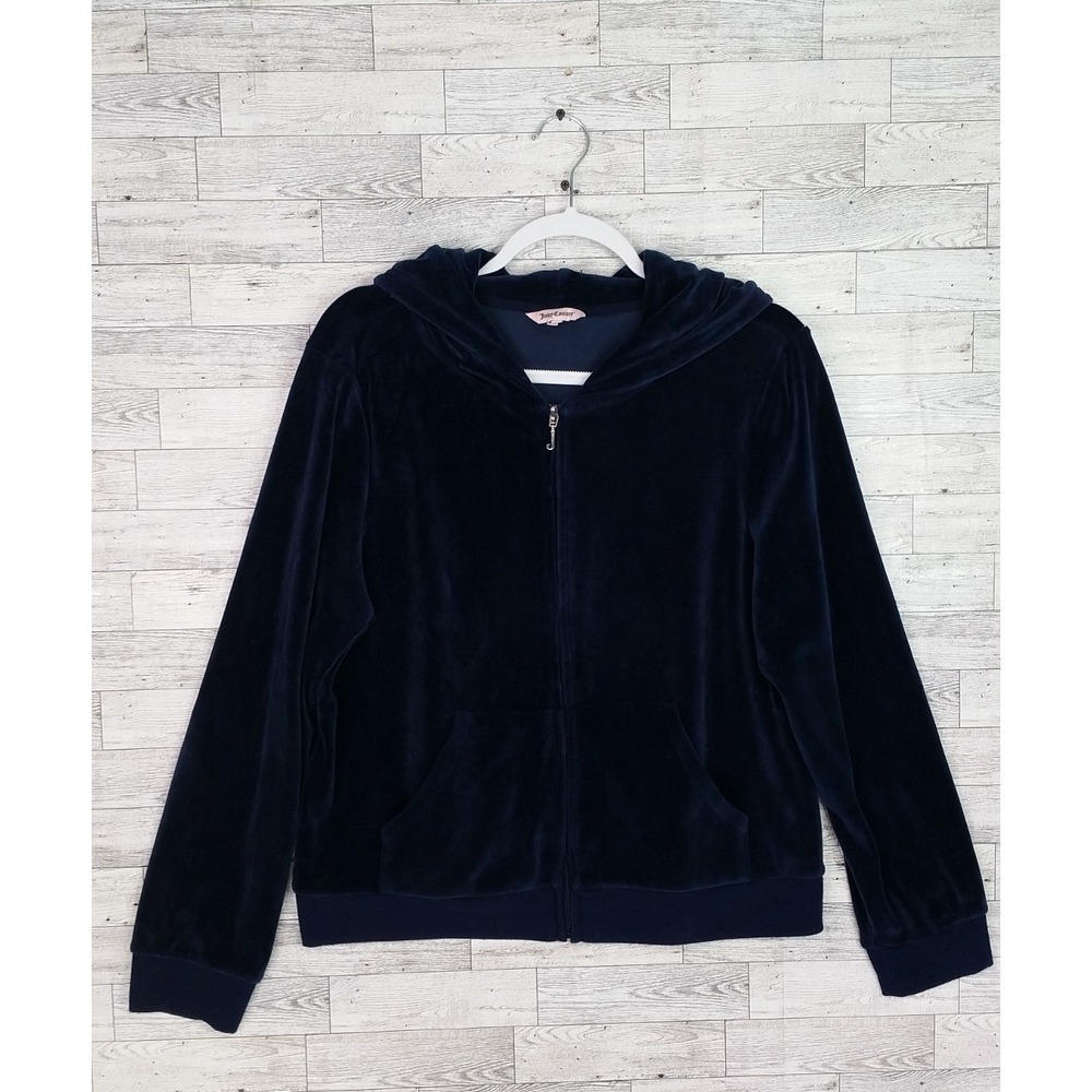 Y2K Women's Juicy Couture Navy Blue Velour Zip Up Track Suit Jacket Size XL